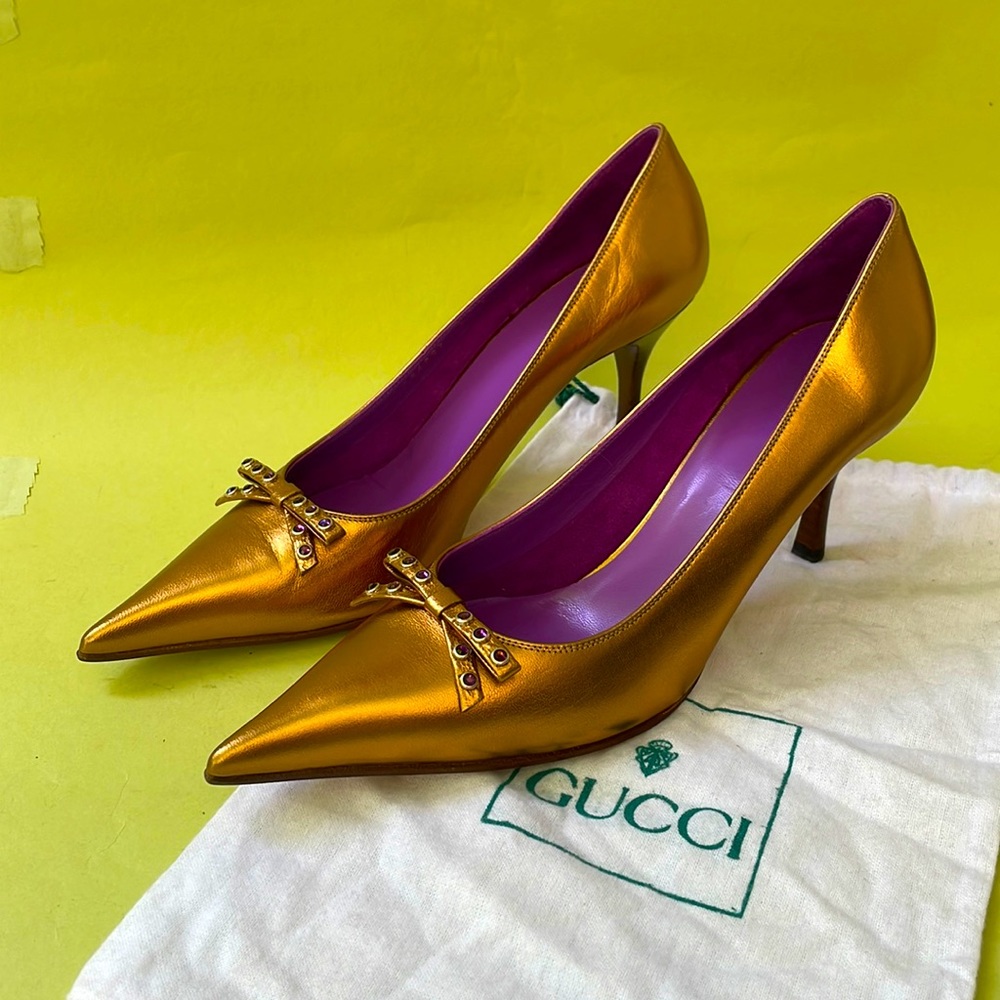 Gucci New metallic gold/purple all leather shoes with dust bag - Picture 3 of 17
